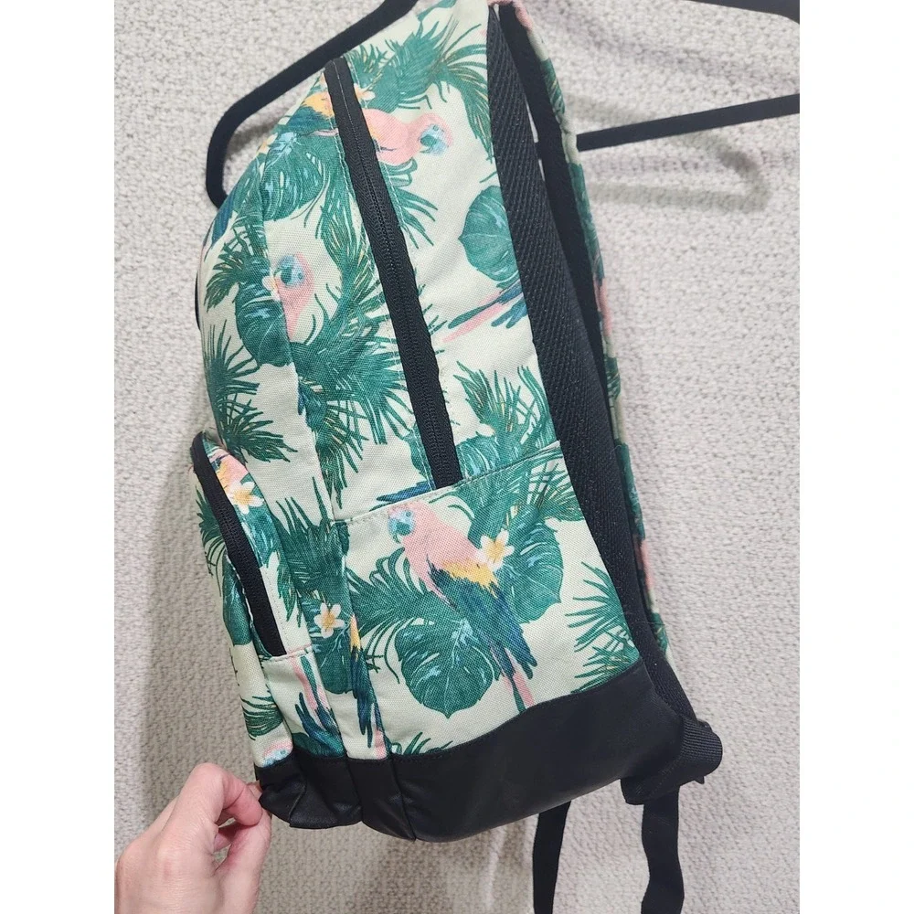 Hurley‎ Backpack Tropical Parrot Green Pink Black Front Pocket Adjustable Straps